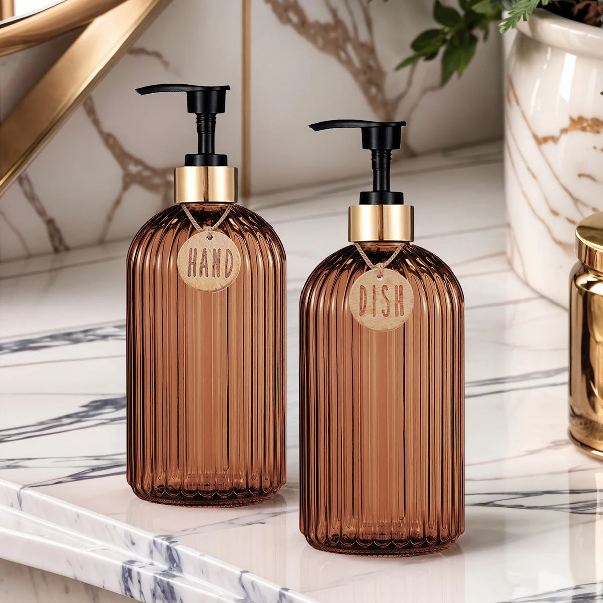 Stylish Amber Dish Soap Dispenser Bottle - Perfect for Your Kitchen & Bathroom Decor