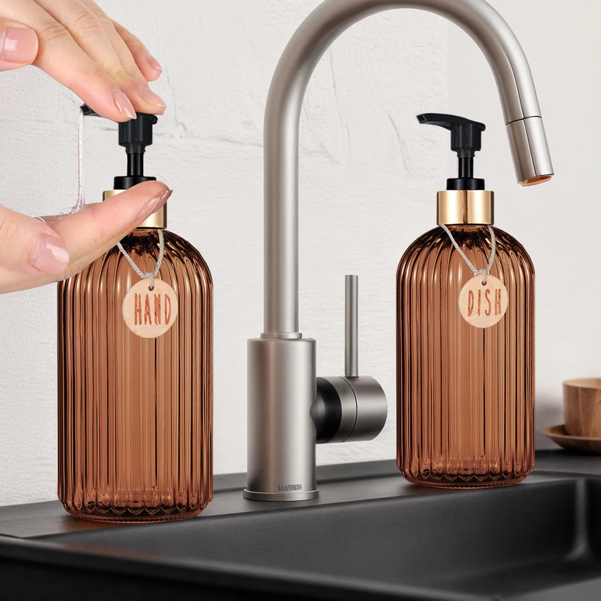 Stylish Amber Dish Soap Dispenser Bottle - Perfect for Your Kitchen & Bathroom Decor