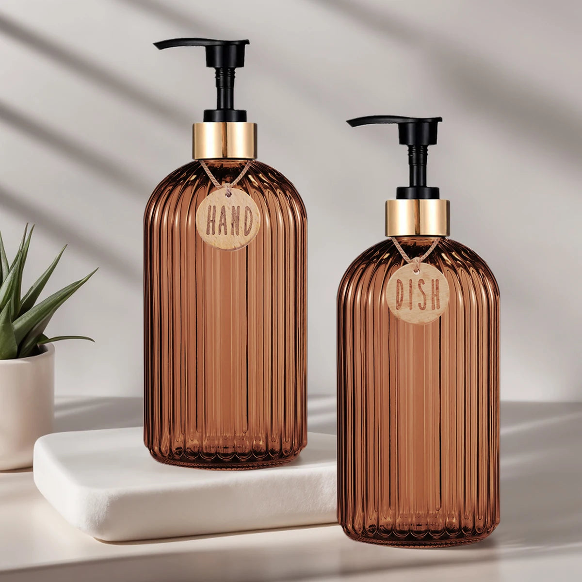Stylish Amber Dish Soap Dispenser Bottle - Perfect for Your Kitchen & Bathroom Decor